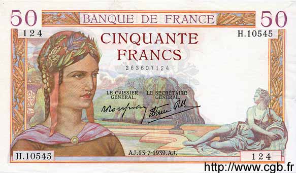 50 Francs CÉRÈS modifié FRANCE  1939 F.18.28 XF