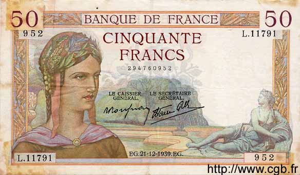 50 Francs CÉRÈS modifié FRANCE  1939 F.18.36 F+