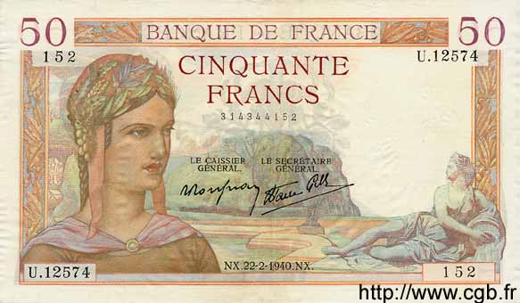50 Francs CÉRÈS modifié FRANKREICH  1940 F.18.39 VZ