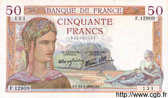 50 Francs CÉRÈS modifié FRANKREICH  1940 F.18.41 VZ