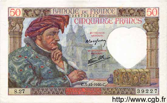50 Francs JACQUES CŒUR FRANKREICH  1940 F.19.04 fST+