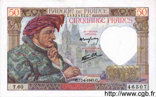 50 Francs JACQUES CŒUR FRANCE  1941 F.19.08 XF