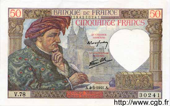 50 Francs JACQUES CŒUR FRANCE  1941 F.19.10 UNC-