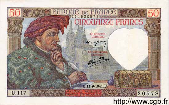 50 Francs JACQUES CŒUR FRANKREICH  1941 F.19.14 ST