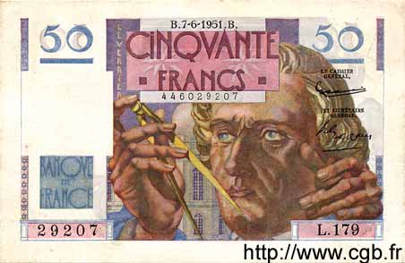 50 Francs LE VERRIER FRANCE  1951 F.20.18 AU