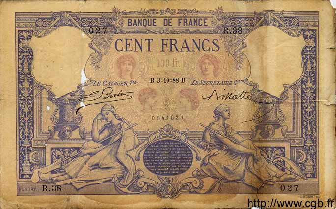 100 Francs BLEU ET ROSE FRANCIA  1888 F.21.01 RC+