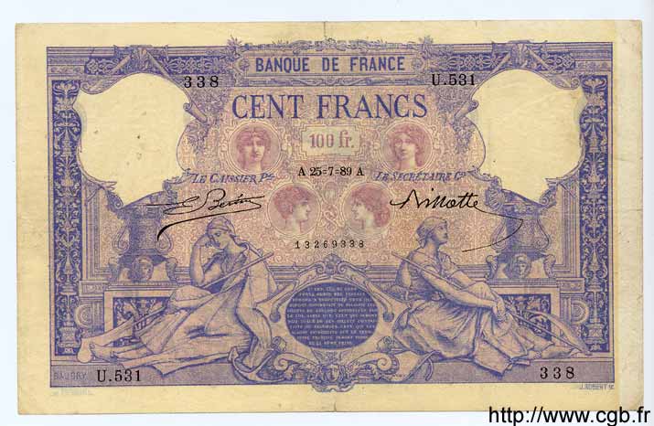 100 Francs BLEU ET ROSE FRANCE  1889 F.21.02 VF-