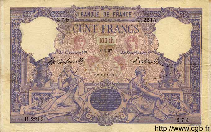 100 Francs BLEU ET ROSE FRANCIA  1897 F.21.10 q.BB