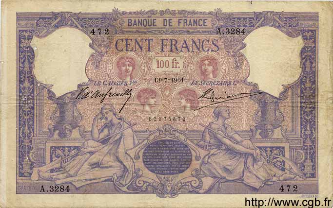 100 Francs BLEU ET ROSE FRANCE  1901 F.21.15 F