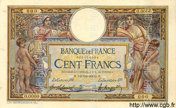 100 Francs LUC OLIVIER MERSON sans LOM FRANKREICH  1920 F.23.13Sp VZ