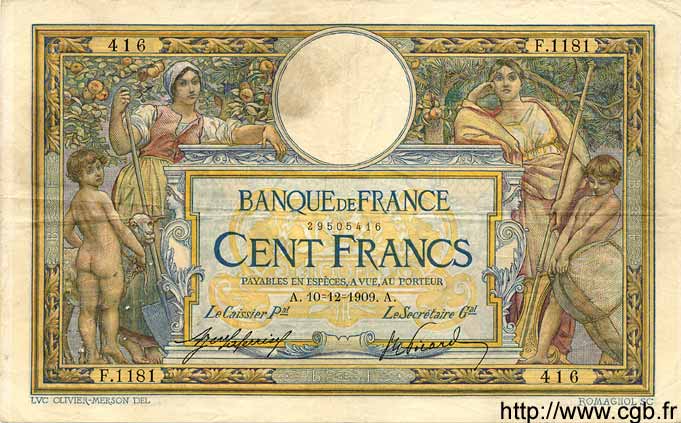 100 Francs LUC OLIVIER MERSON sans LOM FRANCE  1909 F.23.01 pr.TTB