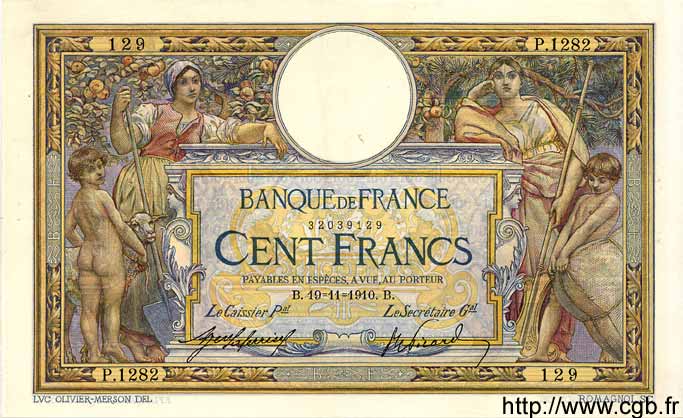 100 Francs LUC OLIVIER MERSON sans LOM FRANCIA  1910 F.23.02 MBC