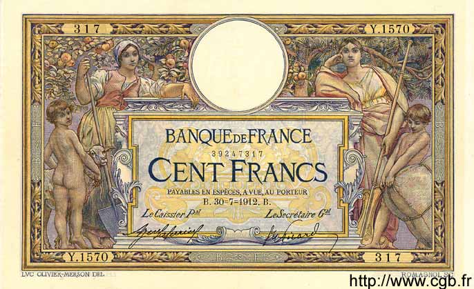 100 Francs LUC OLIVIER MERSON sans LOM FRANCIA  1912 F.23.04 EBC