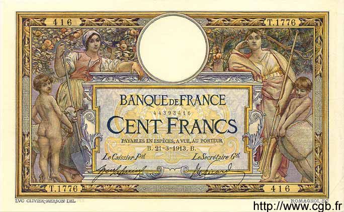 100 Francs LUC OLIVIER MERSON sans LOM FRANCE  1913 F.23.05 XF
