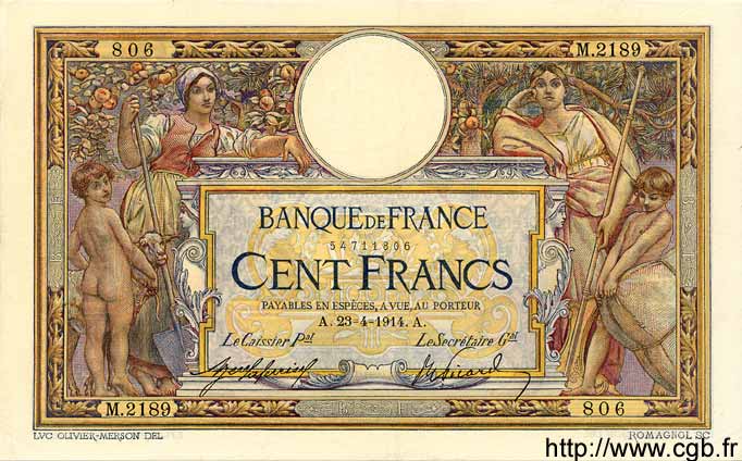 100 Francs LUC OLIVIER MERSON sans LOM FRANCIA  1914 F.23.06 MBC+