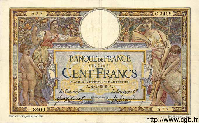 100 Francs LUC OLIVIER MERSON sans LOM FRANCIA  1916 F.23.08 BC+