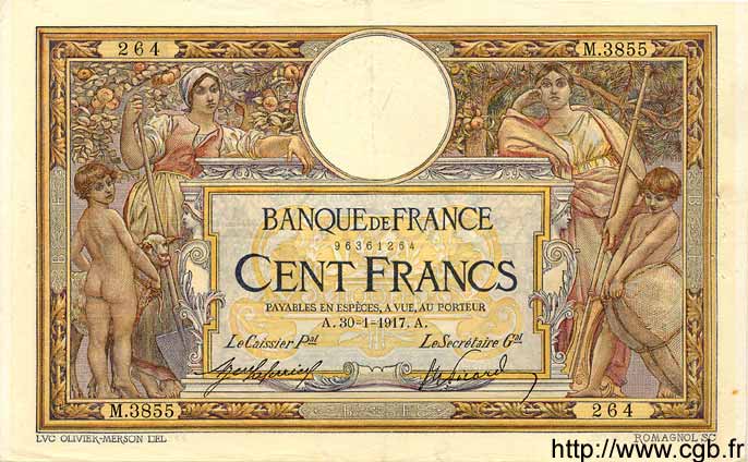 100 Francs LUC OLIVIER MERSON sans LOM FRANCIA  1917 F.23.09 MBC+ a EBC
