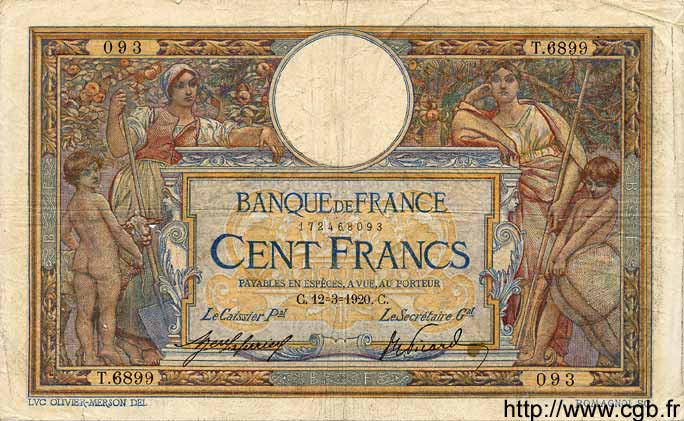 100 Francs LUC OLIVIER MERSON sans LOM FRANKREICH  1920 F.23.12 S