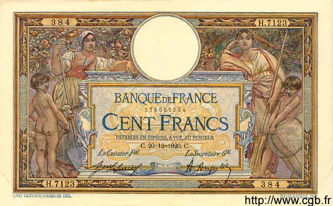 100 Francs LUC OLIVIER MERSON sans LOM FRANKREICH  1920 F.23.13 fVZ to VZ