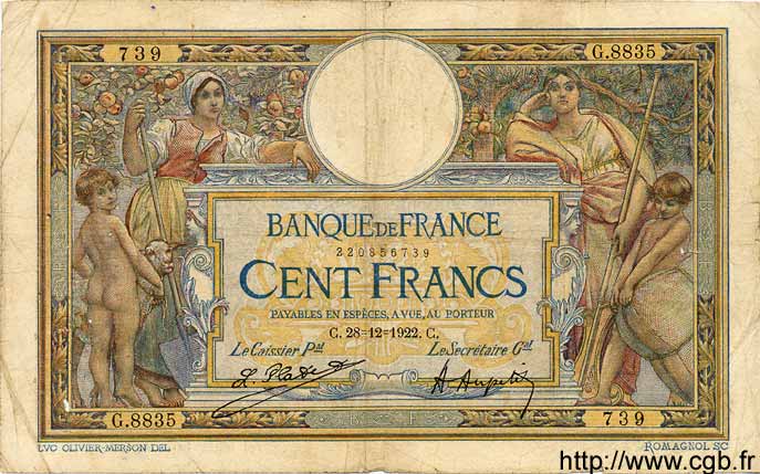 100 Francs LUC OLIVIER MERSON sans LOM FRANCIA  1922 F.23.15 MB