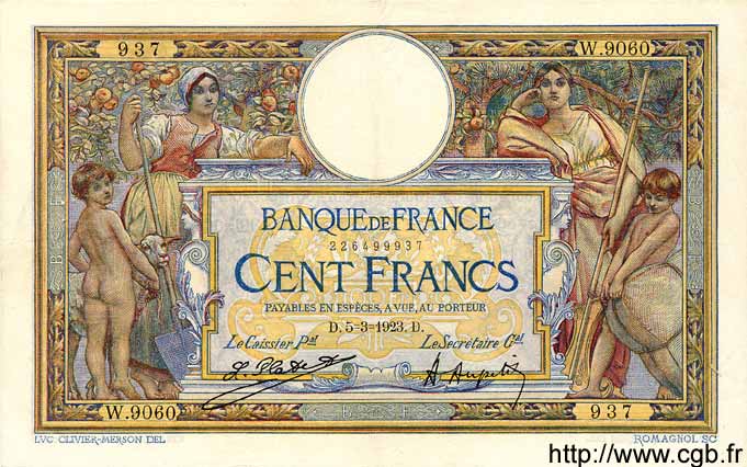 100 Francs LUC OLIVIER MERSON sans LOM FRANKREICH  1923 F.23.16 fVZ