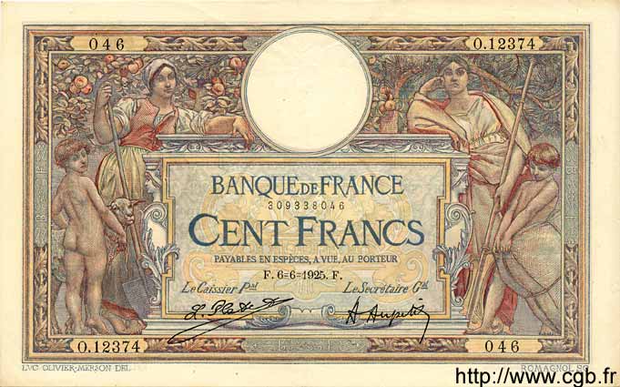 100 Francs LUC OLIVIER MERSON grands cartouches FRANCE  1925 F.24.03 VF+