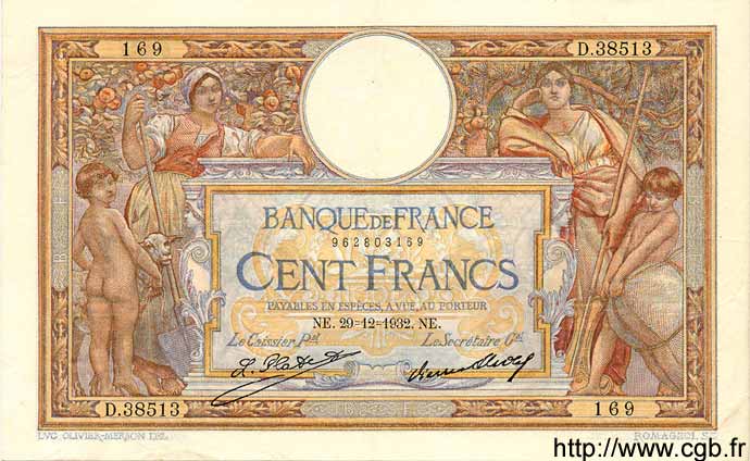 100 Francs LUC OLIVIER MERSON grands cartouches FRANCE  1932 F.24.11 XF