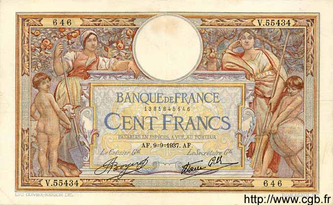 100 Francs LUC OLIVIER MERSON type modifié FRANCIA  1937 F.25.01 BB