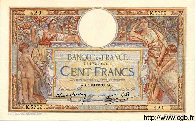100 Francs LUC OLIVIER MERSON type modifié FRANCIA  1938 F.25.08 q.SPL