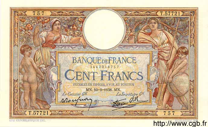 100 Francs LUC OLIVIER MERSON type modifié FRANCIA  1938 F.25.10 EBC+