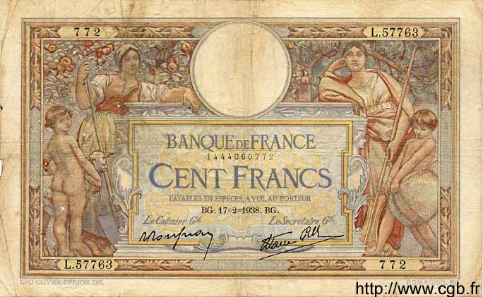 100 Francs LUC OLIVIER MERSON type modifié FRANCIA  1938 F.25.11 q.MB