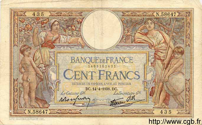 100 Francs LUC OLIVIER MERSON type modifié FRANKREICH  1938 F.25.15 S