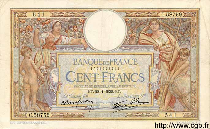 100 Francs LUC OLIVIER MERSON type modifié FRANCIA  1938 F.25.16 BC+