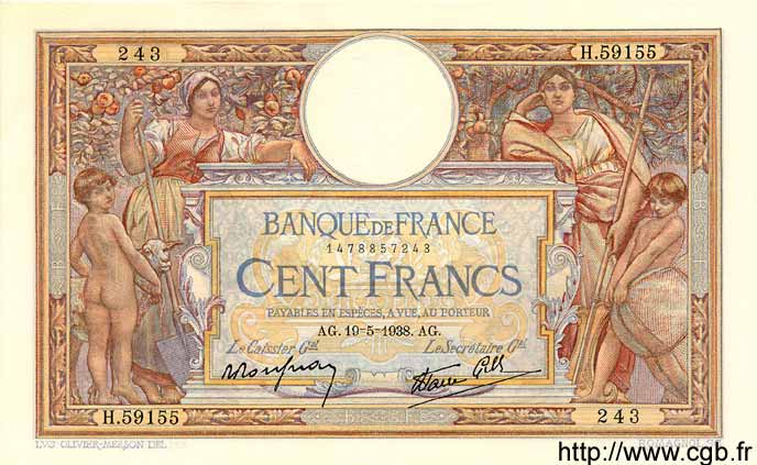 100 Francs LUC OLIVIER MERSON type modifié FRANKREICH  1938 F.25.19 VZ to fST