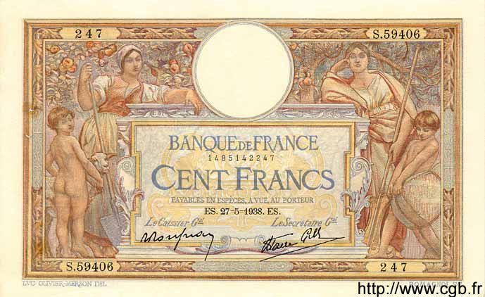 100 Francs LUC OLIVIER MERSON type modifié FRANKREICH  1938 F.25.20 fVZ