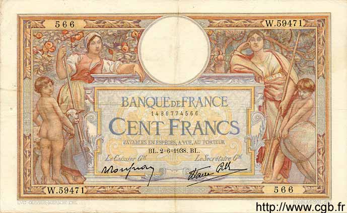 100 Francs LUC OLIVIER MERSON type modifié FRANCIA  1938 F.25.21 MBC