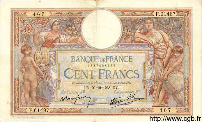 100 Francs LUC OLIVIER MERSON type modifié FRANCE  1938 F.25.32 VF+