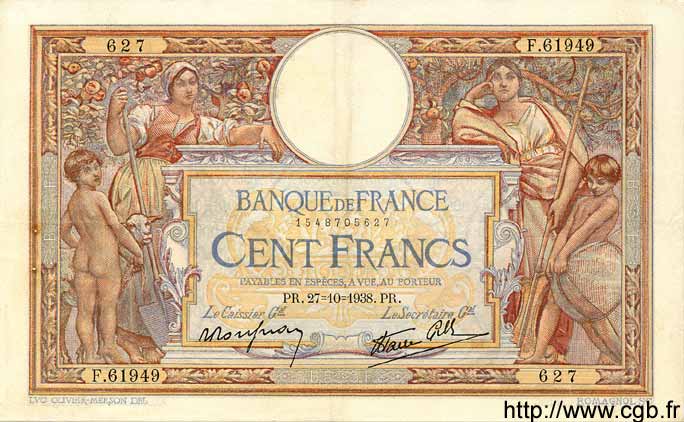 100 Francs LUC OLIVIER MERSON type modifié FRANCIA  1938 F.25.33 MBC
