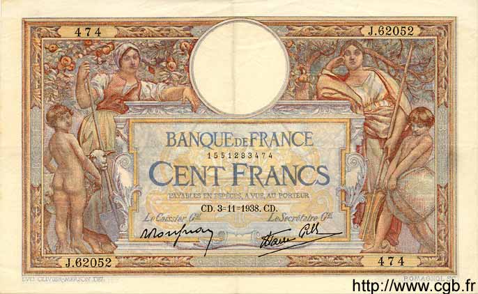 100 Francs LUC OLIVIER MERSON type modifié FRANCIA  1938 F.25.34 MBC a EBC
