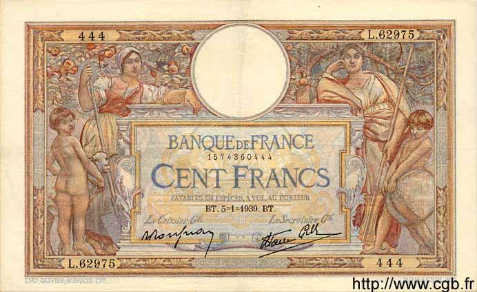 100 Francs LUC OLIVIER MERSON type modifié FRANCE  1939 F.25.38 TTB
