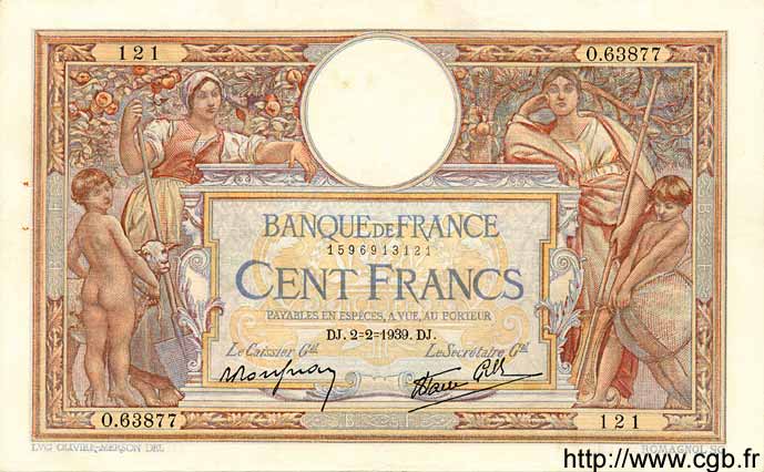 100 Francs LUC OLIVIER MERSON type modifié FRANCIA  1939 F.25.41 EBC