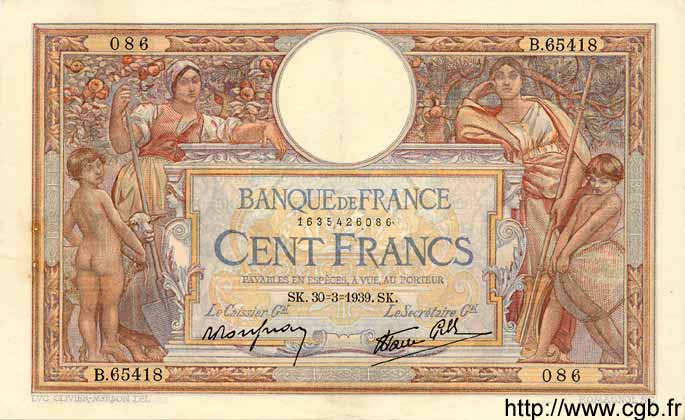 100 Francs LUC OLIVIER MERSON type modifié FRANCIA  1939 F.25.44 MBC+
