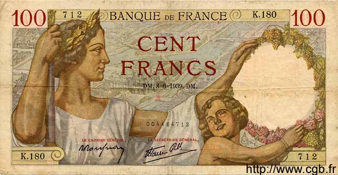 100 Francs SULLY FRANKREICH  1939 F.26.02 S to SS