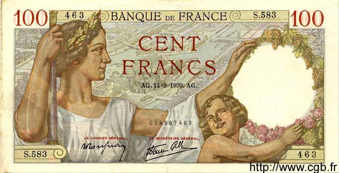 100 Francs SULLY FRANKREICH  1939 F.26.06 VZ