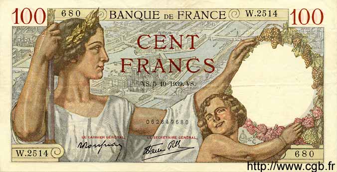 100 Francs SULLY FRANCE  1939 F.26.09 VF+