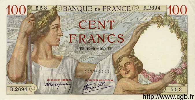 100 Francs SULLY FRANCE  1939 F.26.10 XF