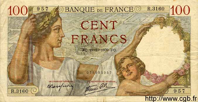 100 Francs SULLY FRANKREICH  1939 F.26.11 fSS