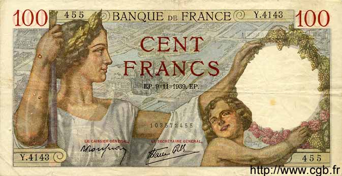 100 Francs SULLY FRANKREICH  1939 F.26.14 fSS