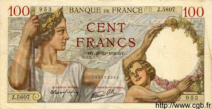 100 Francs SULLY FRANCE  1939 F.26.19 TTB+