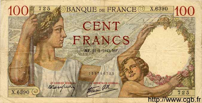 100 Francs SULLY FRANCE  1940 F.26.20 F - VF